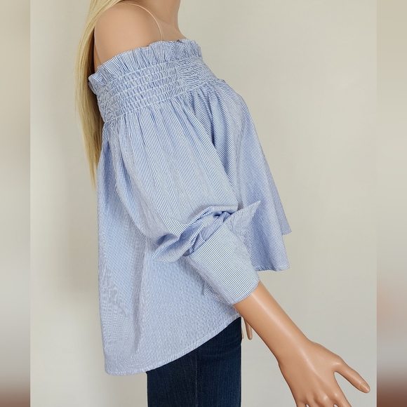 STORETS PINSTRIPE BLUE WHITE SMOCKING OFF THE SHOULDER FLOWY SHIRT TOP ONE SIZE - Picture 13 of 16